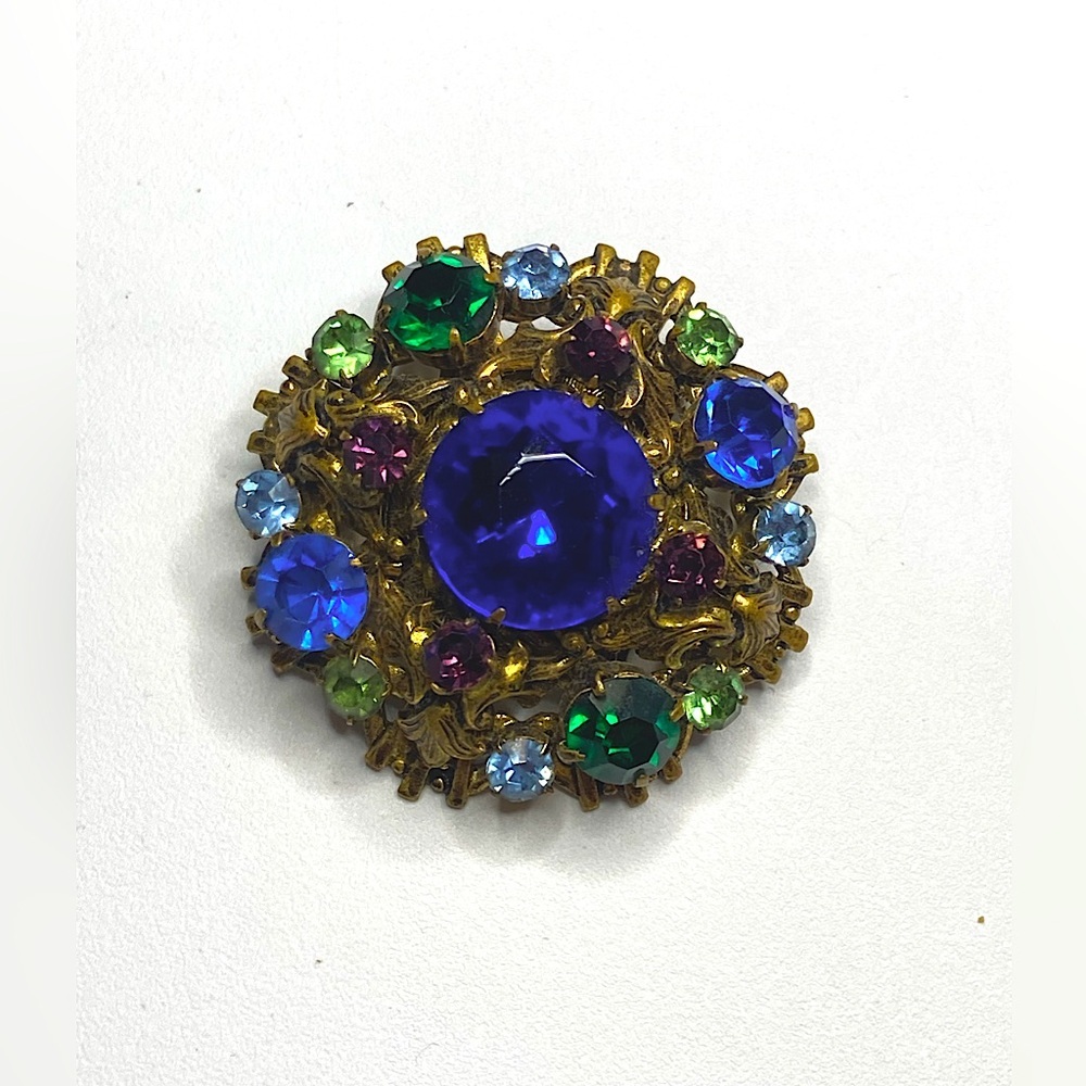 Vtg Czech Blue Green & Purple Rhinestone Gold Tone Metal Floral Brooch | 1.8”